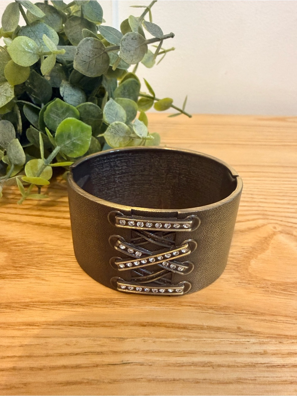 🌿10/$25 • Wide Black Metal Cuff Bracelet with Crystal Lacing